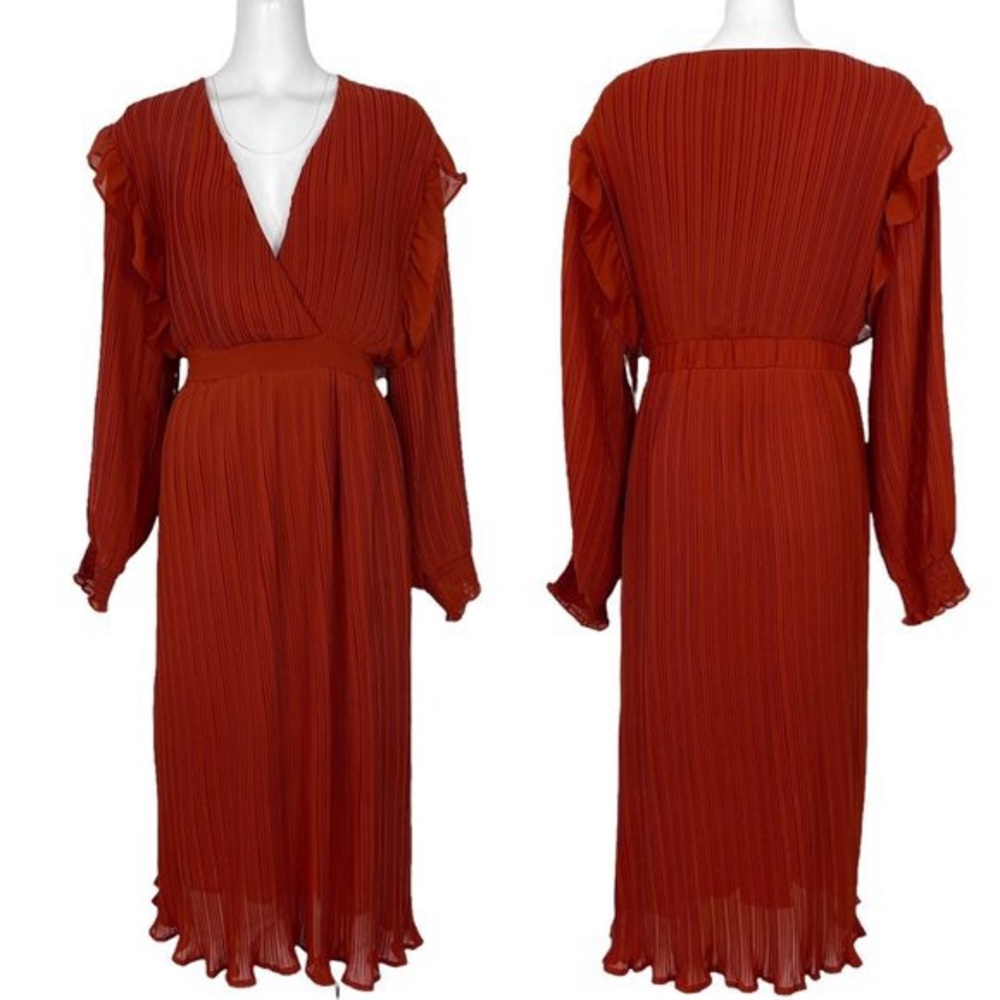 NWT - Girl Soul Sheer Pleated Plus Size V-neck Rust Midi Dress